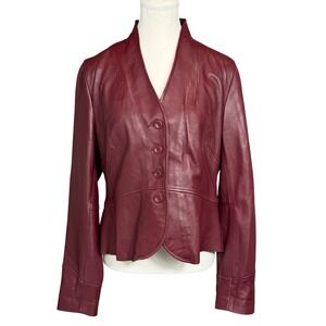 Wilsons Leather Jacket Burgundy Red Button Front Peplum Blazer Cropped Women's L